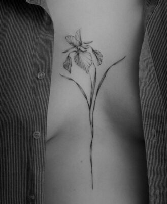 Fine line floral tattoo of iris on chest, 20 cm, very beautiful and detailed, tattooed at Vadelma Tattoo studio in Amsterdam